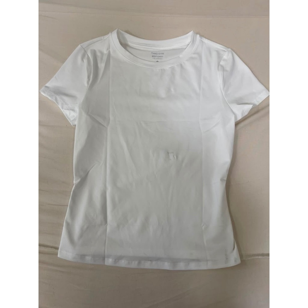 Trendy Queen Womens White Short Sleeve Athletic T-Shirt Size S Stained Damage